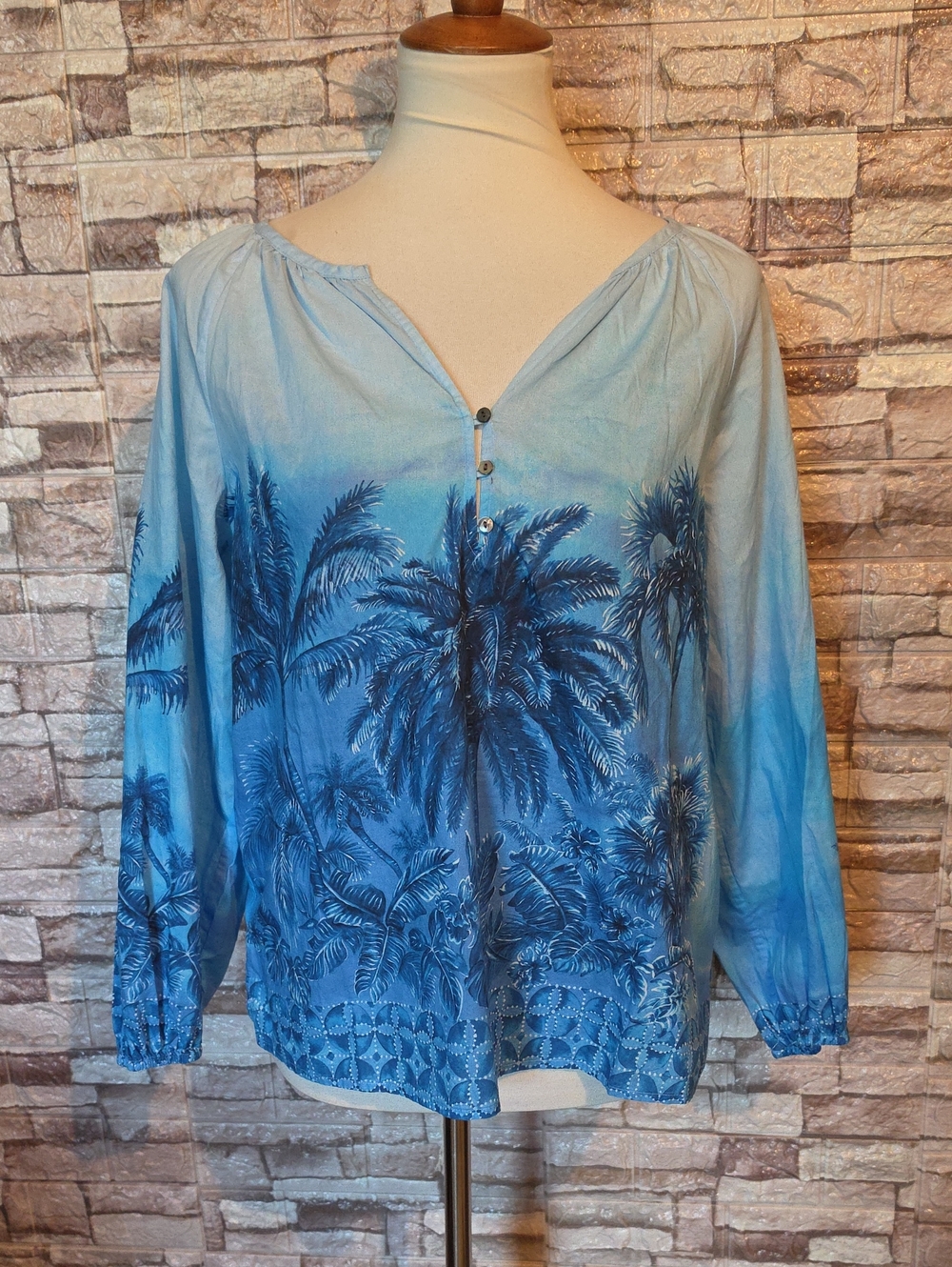 Tommy Bahana Indigo Palms Blue Palm-Print Long-Sleeve Women's Top Brand New